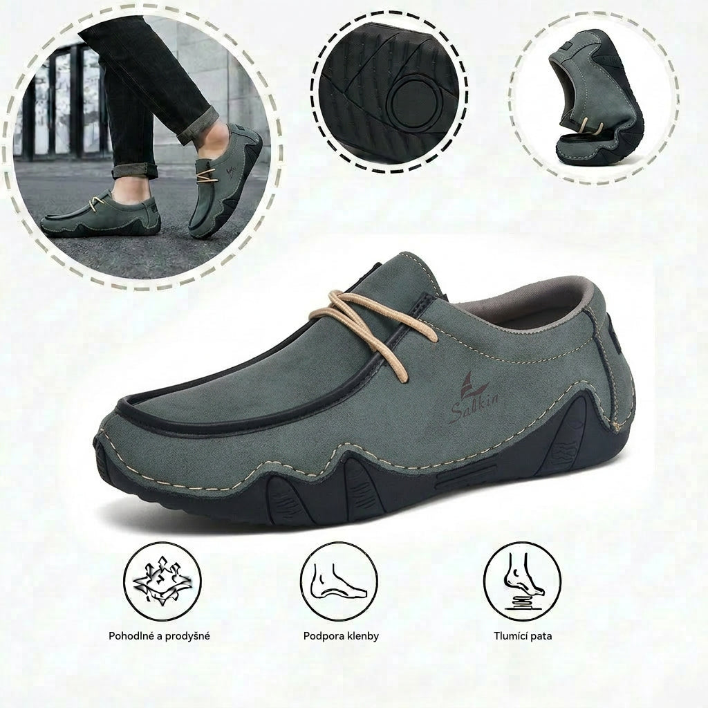 Pohodlná ortopedická obuv – ergonomická podpora klenby, která zmírňuje bolest, široký střih, který netlačí na nohu.