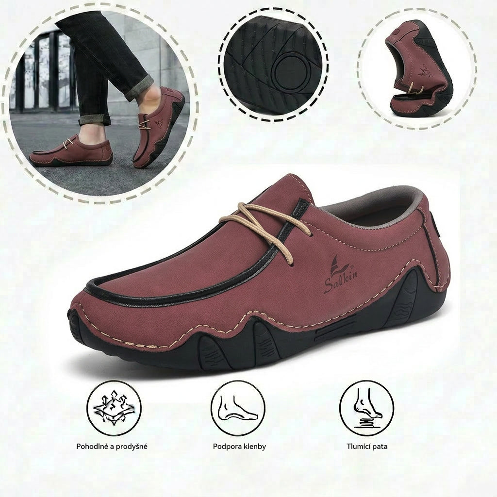 Pohodlná ortopedická obuv – ergonomická podpora klenby, která zmírňuje bolest, široký střih, který netlačí na nohu.