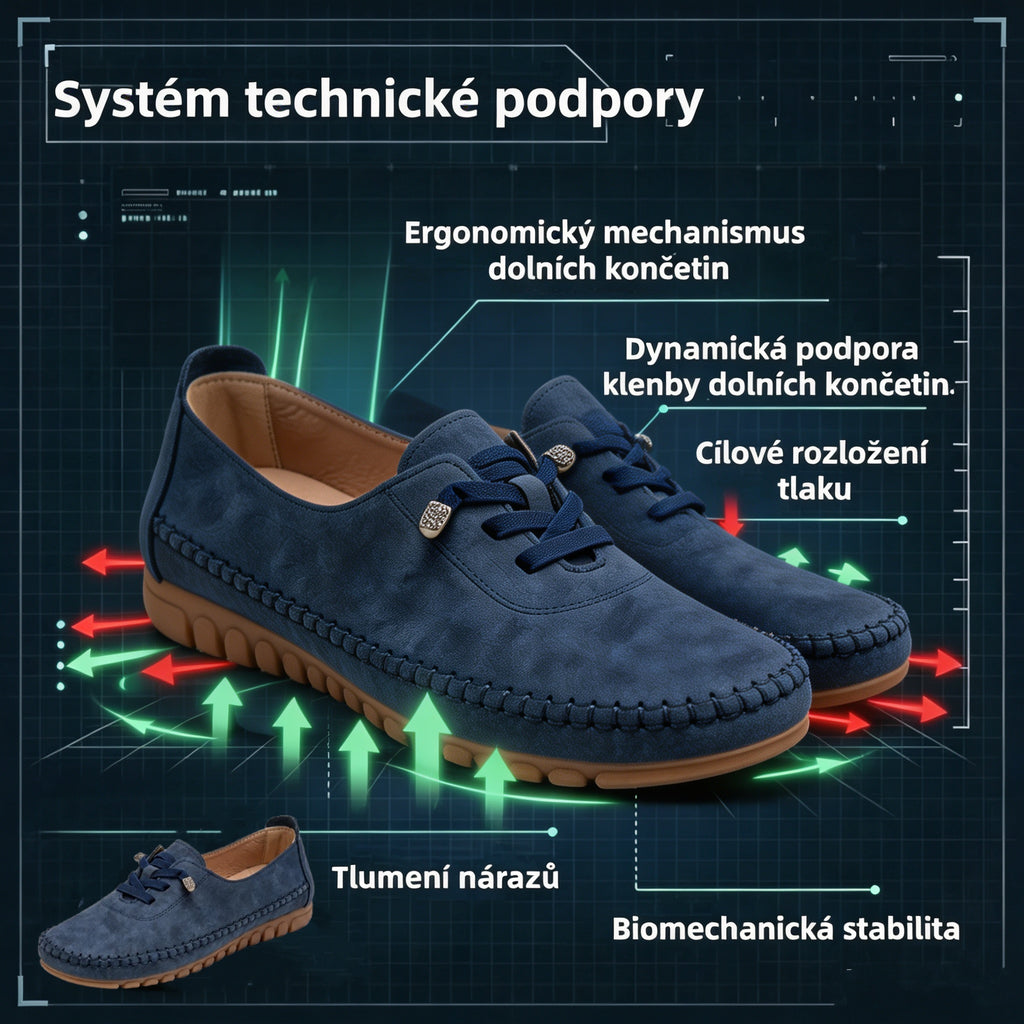 Pohodlná ortopedická obuv – s podporou klenby, která zmírňuje bolest; měkká a tlumící nárazy.