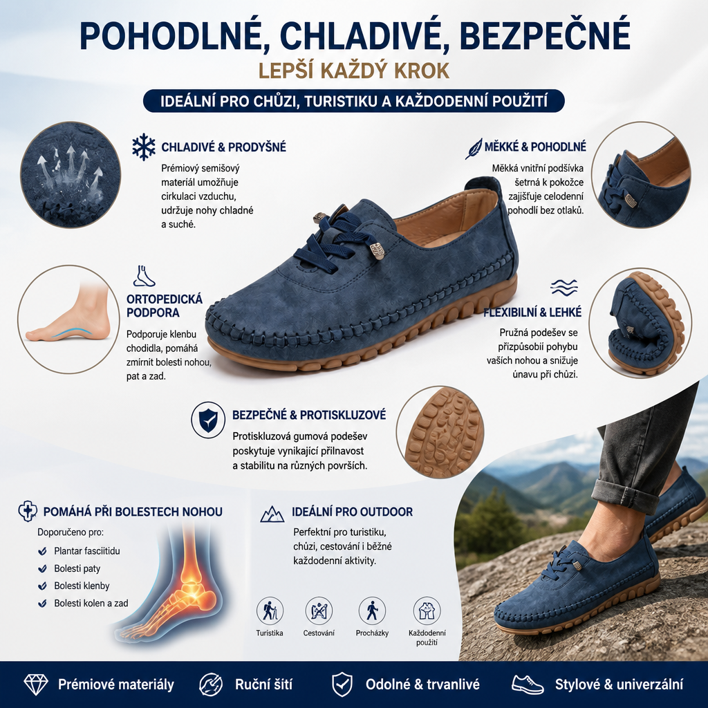 Pohodlná ortopedická obuv – s podporou klenby, která zmírňuje bolest; měkká a tlumící nárazy.