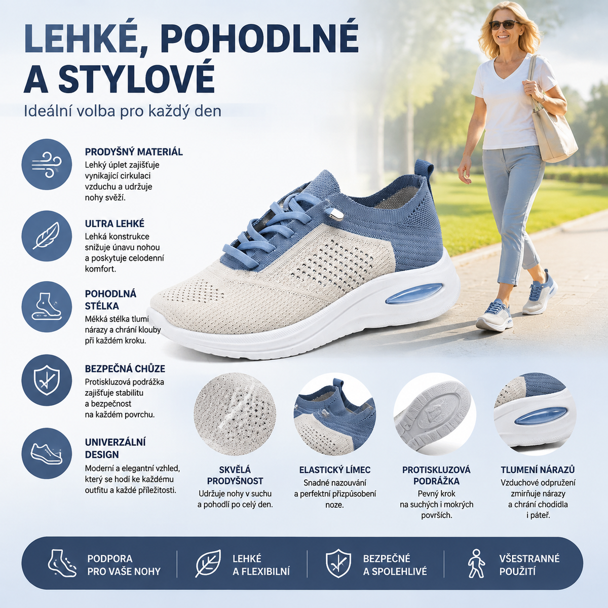 Ortopedické sportovní boty se síťovinou – s podporou klenby, zmírňující bolest; měkké a tlumící nárazy.