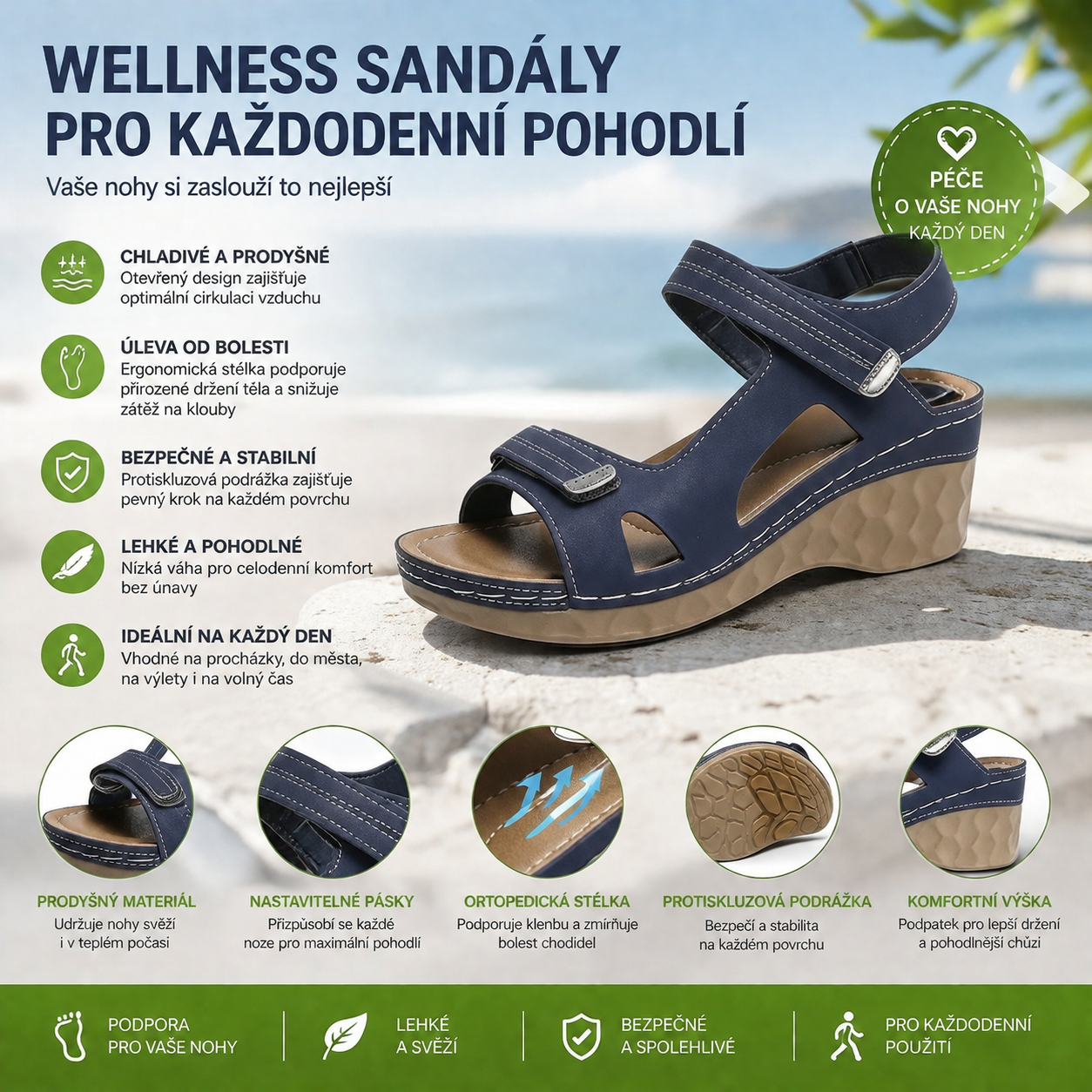 Pohodlné ortopedické sandály – ergonomická podpora klenby, nastavitelná šířka, zkrášlují postavu nohou.