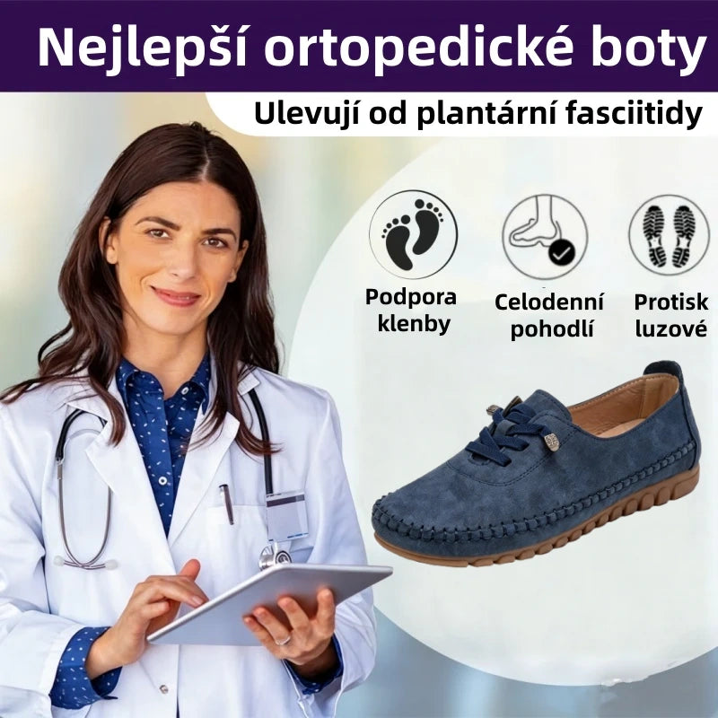 Pohodlná ortopedická obuv – s podporou klenby, která zmírňuje bolest; měkká a tlumící nárazy.