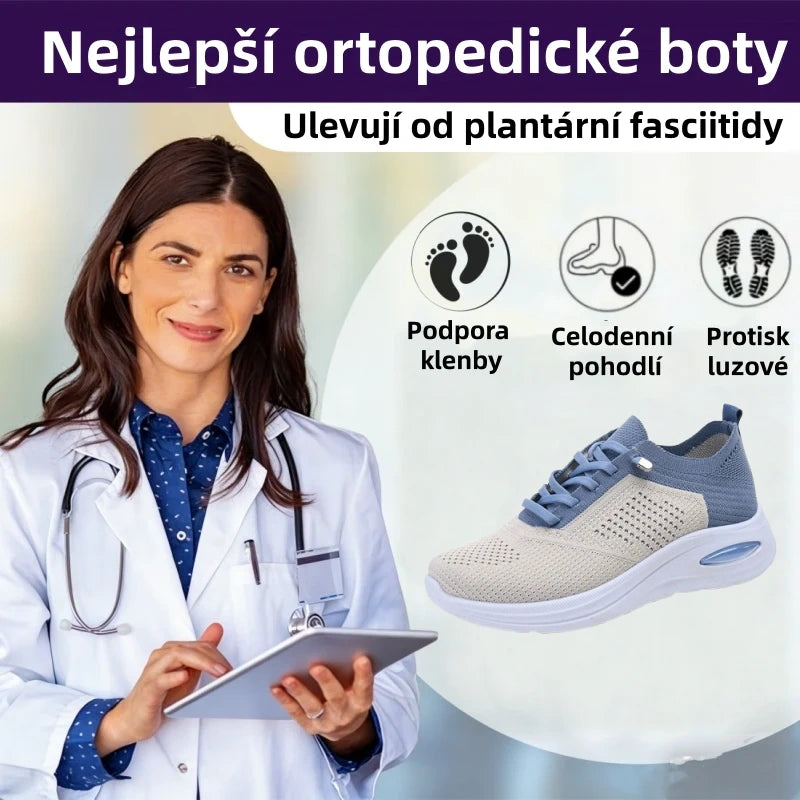 Ortopedické sportovní boty se síťovinou – s podporou klenby, zmírňující bolest; měkké a tlumící nárazy.