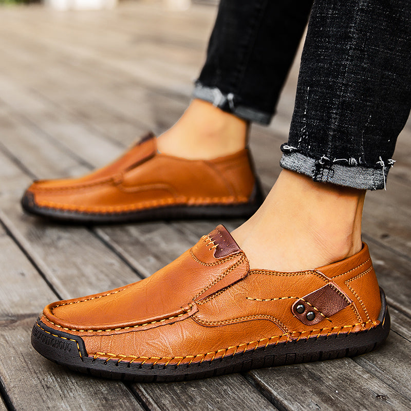 🐂 Men's calf leather casual shoes 👞 Hand-stitched, easy to put on and take off ✅ Arch support, pain relief - comfortable walking