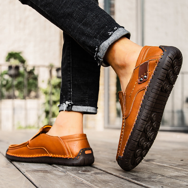 🐂 Men's calf leather casual shoes 👞 Hand-stitched, easy to put on and take off ✅ Arch support, pain relief - comfortable walking