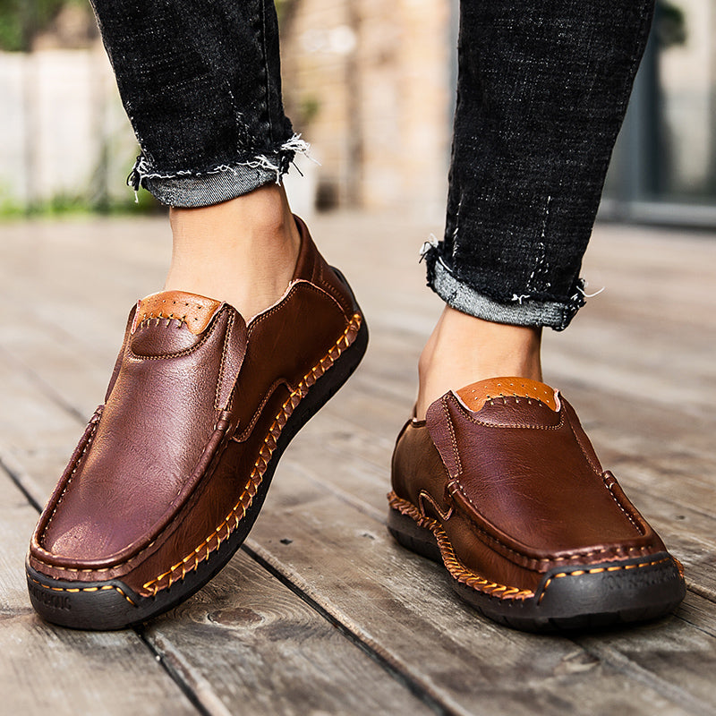 🐂 Men's calf leather casual shoes 👞 Hand-stitched, easy to put on and take off ✅ Arch support, pain relief - comfortable walking